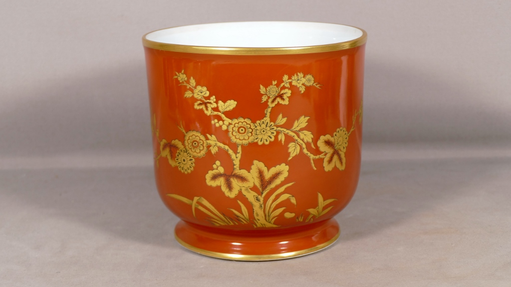 Bernardaud Séoul, Cache Pot En Porcelaine De Limoges Rouge Et Or – Image 2