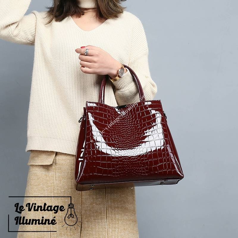 Sac à Main Simili Motif Croco Fermeture Magnétique – Image 8